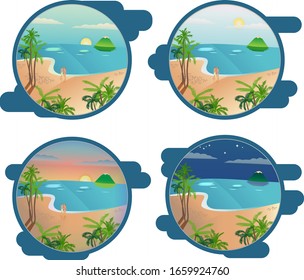 Change of time of day concept, summer time sandy beach stickers with seascape, vector illustration set