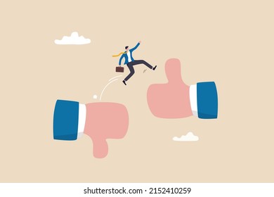 Change or transform to better opportunity, improvement or courage, determination to progress or career growth, aspiration or challenge concept, courage businessman jumping from thumb down to thumb up.