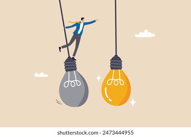 Change or transformation to new opportunity, change to new job, better career, improvement or move to different company, decision for new chance concept, businessman jump from old to bright lightbulb.