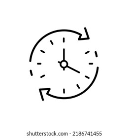 change or update date icon, forward or back time on clock, reverse time, thin line web symbol on white background - editable stroke vector illustration