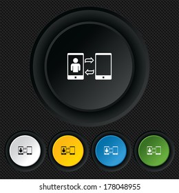 Change Video call to simple call sign icon. Smartphone symbol. Round colourful buttons on black texture. Vector