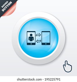 Change Video call to simple call sign icon. Smartphone symbol. Blue shiny button. Modern UI website button with hand cursor pointer. Vector