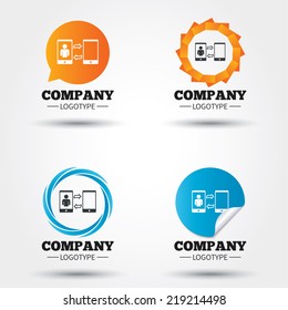 Change Video call to simple call sign icon. Smartphone symbol. Business abstract circle logos. Icon in speech bubble, wreath. Vector