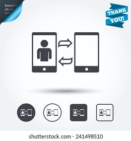 Change Video call to simple call sign icon. Smartphone symbol. Circle and square buttons. Flat design set. Thank you ribbon. Vector