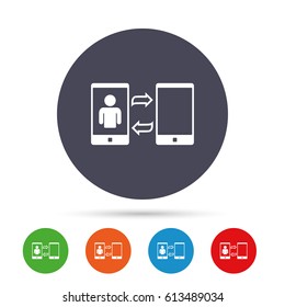 Change Video call to simple call sign icon. Smartphone symbol. Round colourful buttons with flat icons. Vector