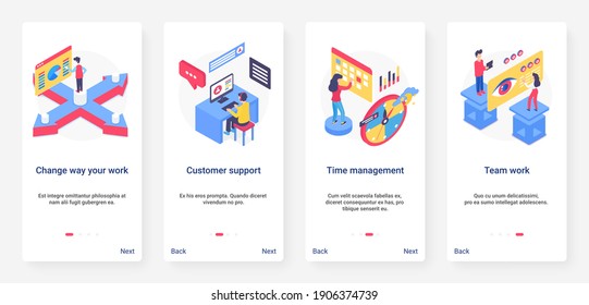 Change way to work business concept vector illustration. UX, UI onboarding mobile app page screen set with cartoon new success mindset for business people teamwork, time management, customer support