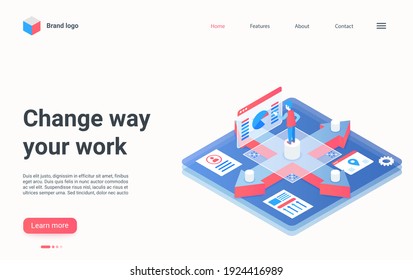 Change way your work concept isometric vector illustration. Cartoon 3d businessman character working with business charts diagrams on dashboard, analyzing data to select best opportunity landing page