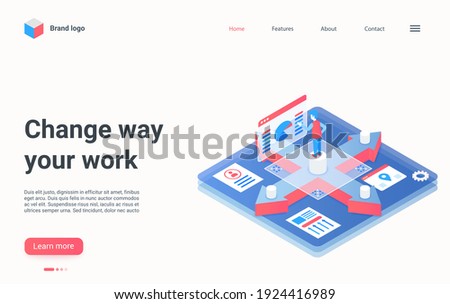 Change way your work concept isometric vector illustration. Cartoon 3d businessman character working with business charts diagrams on dashboard, analyzing data to select best opportunity landing page