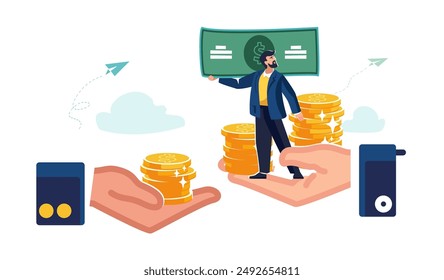 Change of work. Get a high-paying job. Business people. Happy businessman jumping on stack of growing money gold dollar coins. Gold coins on the hands in the palm. Vector illustration in flat style