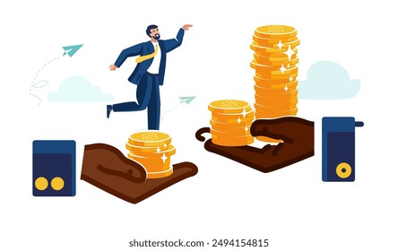 Change of work. Get a high-paying job. Business people. Happy businessman jumping on stack of growing money gold dollar coins. Coins in the palm of an African American man. Vector illustration