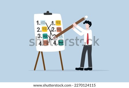 Change work schedule for best productivity, switch tasks or plans, set new priority concept, Businessman rearrange to do list sticky note on whiteboard.