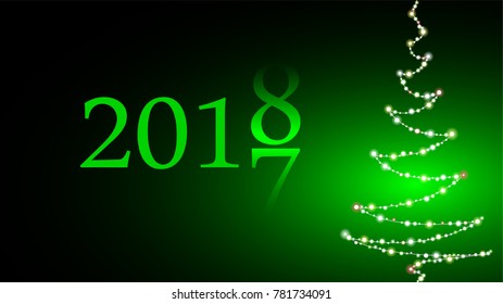 The change of the year. 2017 is replaced by 2018. Christmas tree made of lights on green background. Congratulations on the New Year, wallpaper - vector illustration.