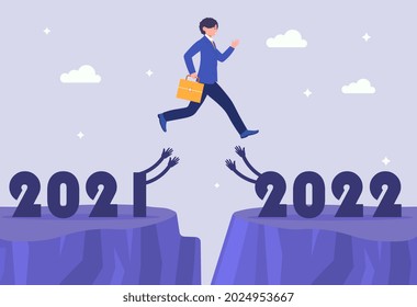 Change year 2021 to 2022. Person jumps over an abyss from one year to next. Change of calendar, beginning of a new life span. Character with case on fresh air. Cartoon flat vector illustration