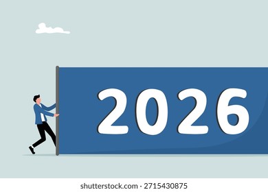A mudança de ano de 2025 para 2026, o conceito de economia mundial, um empresário tentando puxar a bandeira do ano novo 2026.