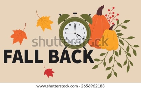 Change your clocks. Hand drawn fall back. Alarm with pumpkin and maple leaves