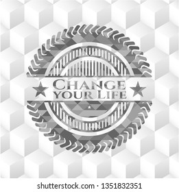 Change your Life realistic grey emblem with geometric cube white background
