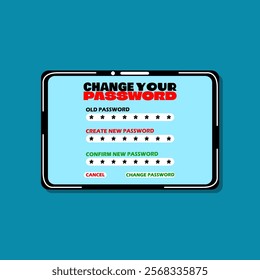 Change Your Password Day to celebrate on February 1st. Smart tablet showing password change request on turquoise background.