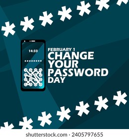 Change Your Password Day event banner. A smartphone with a password display, with bold text on dark turquoise background to celebrate on February 1