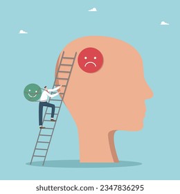 Change your thinking and attract positive emotions, work for the result to increase positive reviews about the quality of products and service, man changes sad emoticon in big head to positive one.