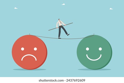 Change your thinking and attract positive emotions, work for the result to increase positive reviews about the quality of products and service, man walks tightrope from a sad emoji to a smiling emoji.