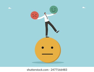 Change your thinking and attract positive emotions, work for the result to increase positive reviews about the quality of products and service, a man balances on choosing the right emotion.