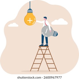 Change your thoughts to be positive. Businessman standing turning negative icon into positive

