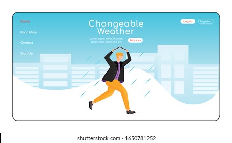 Plantilla vectorial de color plano de la página de inicio del clima modificable. Diseño de la página principal del hombre con chaqueta. Rainy weather una página web de interfaz con el personaje de caricatura. Banner web del tipo caucásico, página web