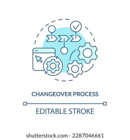 Changeover process turquoise concept icon. Manufacturing equipment. SMED methodology abstract idea thin line illustration. Isolated outline drawing. Editable stroke. Arial, Myriad Pro-Bold fonts used