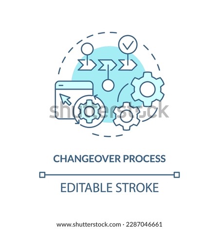 Changeover process turquoise concept icon. Manufacturing equipment. SMED methodology abstract idea thin line illustration. Isolated outline drawing. Editable stroke. Arial, Myriad Pro-Bold fonts used