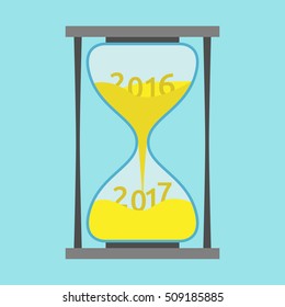 Changes 2016 on 2017 within hourglass on blue background. New year, happy and christmas concept. Flat design. Vector illustration. EPS 8, no transparency