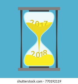 Changes 2017 on 2018 within hourglass on blue background. New year, happy and christmas concept. Flat design. Vector illustration. EPS 8, no transparency