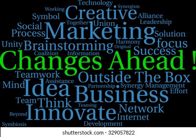 Changes Ahead word cloud on a black background. 
