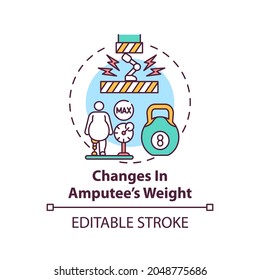 Changes in amputee weight concept icon. Prosthesis replacement condition idea thin line illustration. Prosthesis fitting. Altered socket fit. Vector isolated outline RGB color drawing. Editable stroke