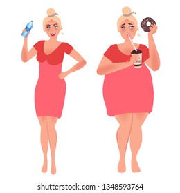 Changes in the appearance of the girl. Weight loss, diet and sports. Fat and athletic girl. Vector graphics of a healthy food