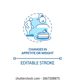 Cambios en el apetito y el icono de concepto de peso. Ilustración de línea delgada de la idea de síntoma de SAD. Hambre excesiva. Enfermedades mentales y físicas. Dibujo de color RGB con contorno aislado del vector. Trazo editable