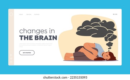 Changes in Brain Landing Page Template. Depressed Woman Suffering of Depression and Anxiety Problem Feeling Frustrated Lying on Floor, Sad and Desperate Female Character. Cartoon Vector Illustration