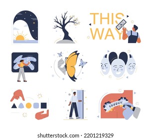 Changes concept set. Transformation or evolution metaphor. Transition process with time development. Changing for better, look into the future. Flat vector illustration