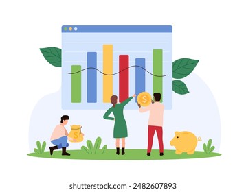 Changes in financial market, analysis of growth and decline for investment success and profit, analyst forecast. Tiny people follow graph up and down to invest money cartoon vector illustration