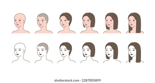 Changes in hair length_bald head, short, medium(middle), long hair_45 degree angle