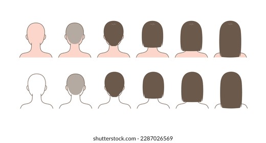 Changes in hair length_bald head, short, medium(middle), long hair_back