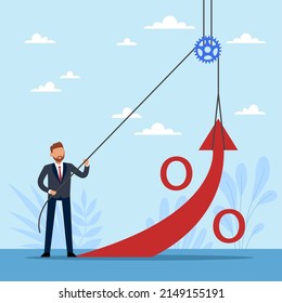 Changes investment direction. Businessmen raises percentage of transaction or deal, man hold big red percent sign, stock market strategy during economic crisis vector cartoon flat concept