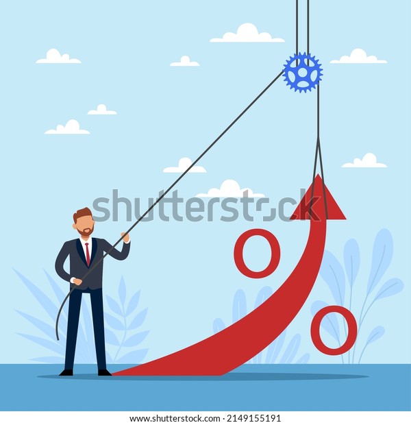 Changes investment direction. Businessmen raises
percentage of transaction or deal, man hold big red percent sign,
stock market strategy during economic crisis vector cartoon flat
concept