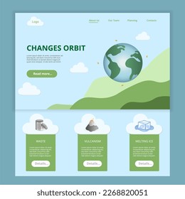 Changes orbit flat landing page website template. Waste, vulcanism, melting ice. Web banner with header, content and footer. Vector illustration.