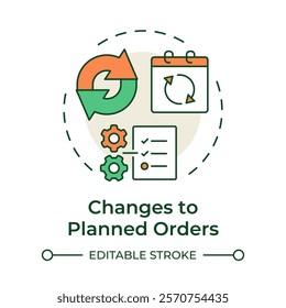 Changes to planned orders multi color concept icon. Modifications in original production schedules. MRP output. Round shape line illustration. Abstract idea. Graphic design. Easy to use in article