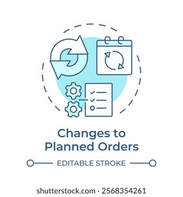 Changes to planned orders soft blue concept icon. Modifications in original production schedules. MRP output. Round shape line illustration. Abstract idea. Graphic design. Easy to use in article