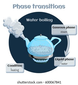 Changes Of States. Part 2 Of 6. Evaporation - Water Boiling. Phase Transition From Liquid To Gaseous State. Educational Infographics. Cartoon Vector Illustration In Flat Style.