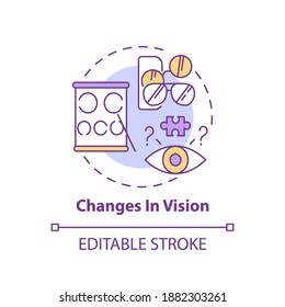 Changes in vision concept icon. Disorder problem. Early sign of Alzheimer. Symptom of dementia. Brain health idea thin line illustration. Vector isolated outline RGB color drawing. Editable stroke