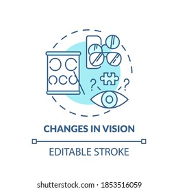 Changes in vision turquoise concept icon. Early sign of Alzheimer. Symptom of dementia. Brain health idea thin line illustration. Vector isolated outline RGB color drawing. Editable stroke