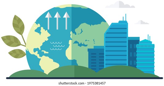 Changes in water level and climate on planet. Cityscape with skyscrapers on background of globe. Visualization weather and human activity affects water level. Modern downtown, business center