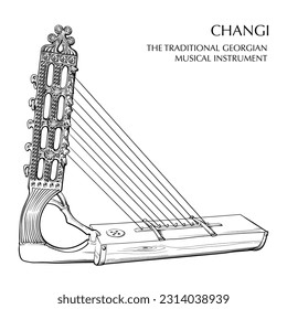 Changi a traditional Georgian musical instrument similar to Harp. Black Line drawing isolated on white background. EPS10 vector illustration